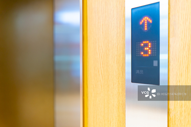 中国公共建筑直梯拍摄主题，电梯上的按钮和数字，褐色的木制墙壁，室内无人图像摄影图片素材