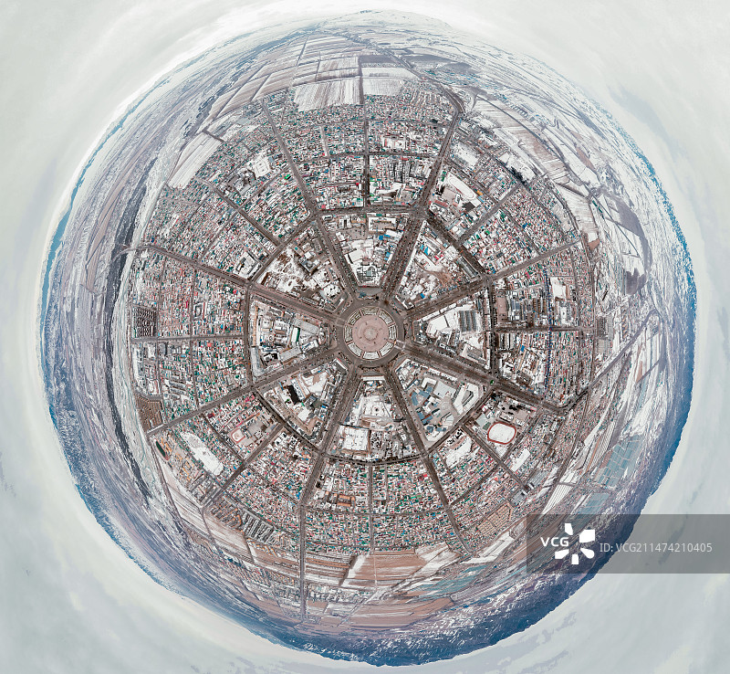 航拍大雪后的特克斯八卦城360全景视角图片素材