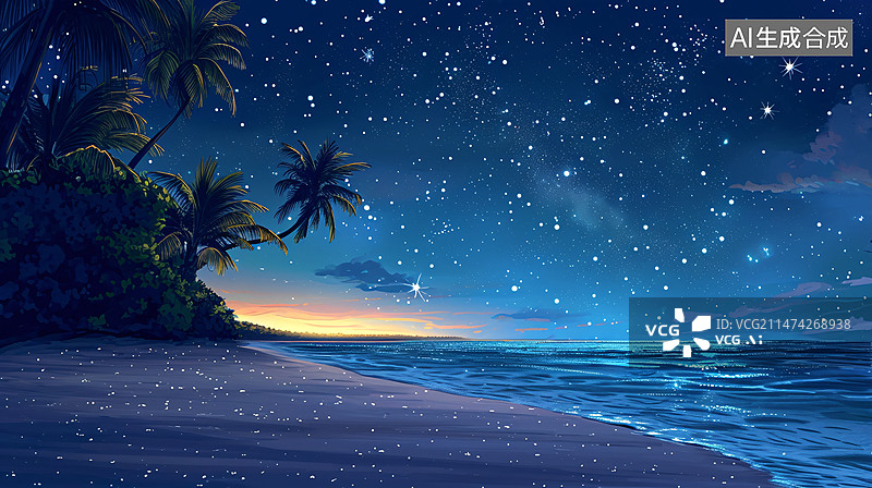 【AI数字艺术】夏天夜晚的海边场景插画，立夏节气户外旅游场景插图图片素材