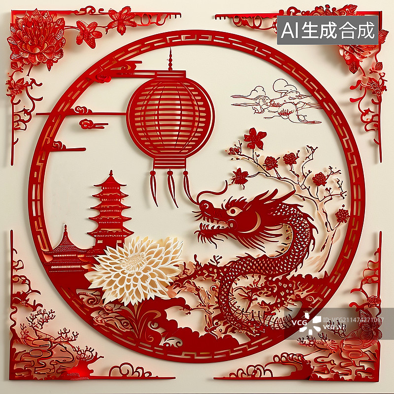 【AI数字艺术】中国龙窗花灯笼传统古建筑春节庆祝插画图片素材
