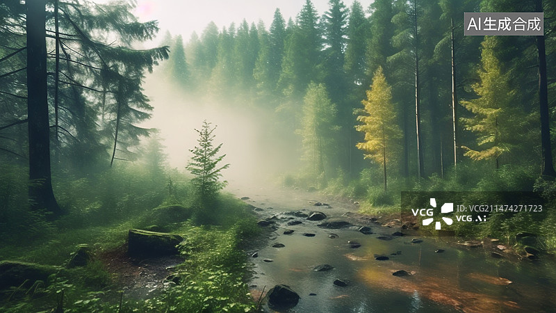 【AI数字艺术】清晨一片平流雾略过山林，沐浴着茂密的树木。图片素材