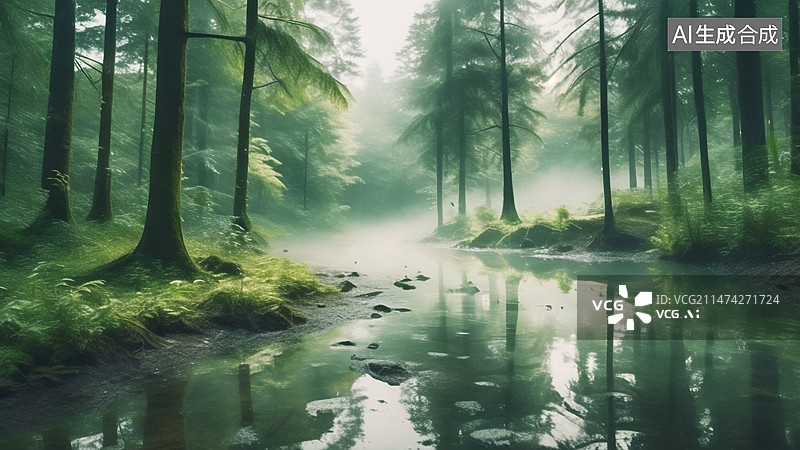 【AI数字艺术】清晨一片平流雾略过山林，沐浴着茂密的树木。图片素材