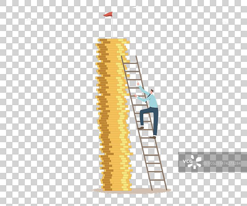 男人爬梯子到硬币堆的顶部图片素材