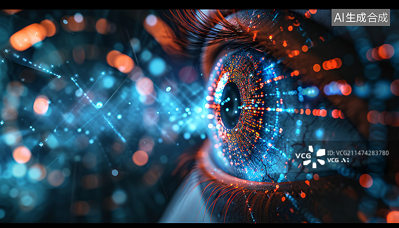 【AI数字艺术】抽象的高科技眼睛概念,人脸识别和存取概念插图图片素材