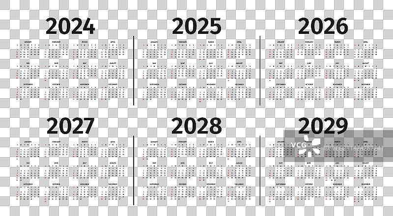 2024年至2029年日历模板图片素材