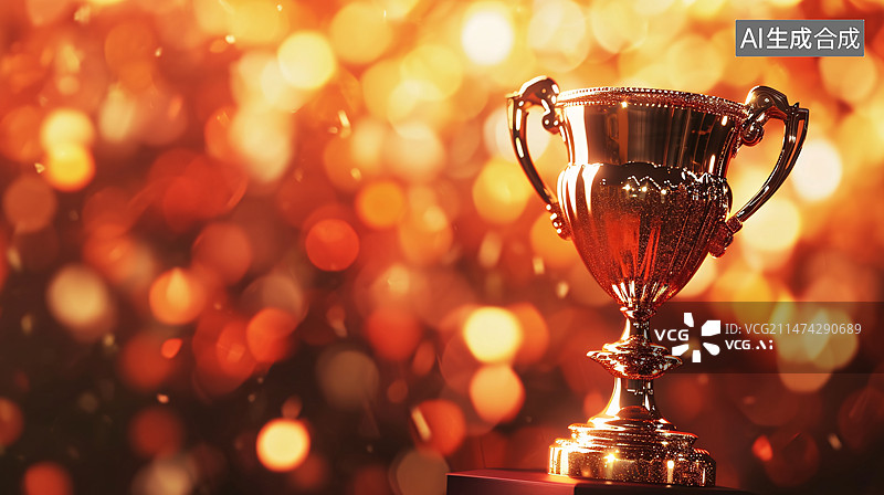 【AI数字艺术】闪亮的金色奖杯与背景夜光散景，比赛冠军成功概念插图图片素材