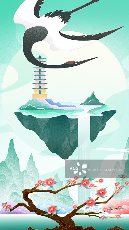 手绘扁平国风意境山水悬岛建筑仙鹤桃花插画图片素材