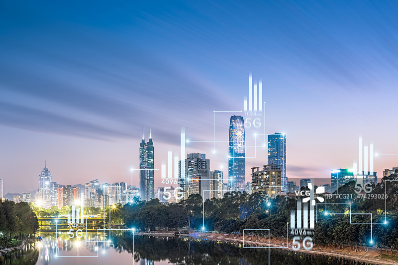 深圳城市风光和5G科技网络概念图片素材