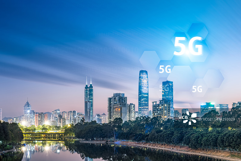 深圳城市风光和5G科技网络概念图片素材