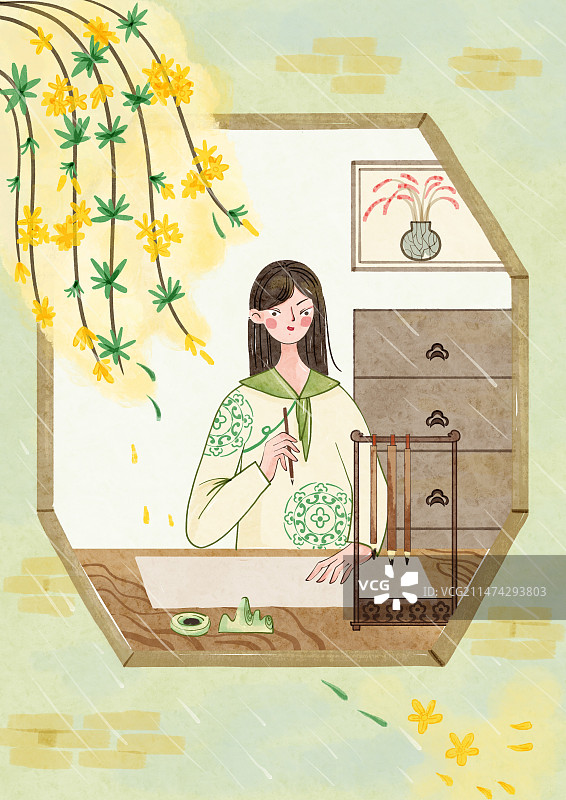 写毛笔字的女孩图片素材