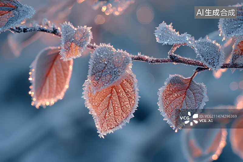 【AI数字艺术】一层雾凇的叶子特写冬季图片素材
