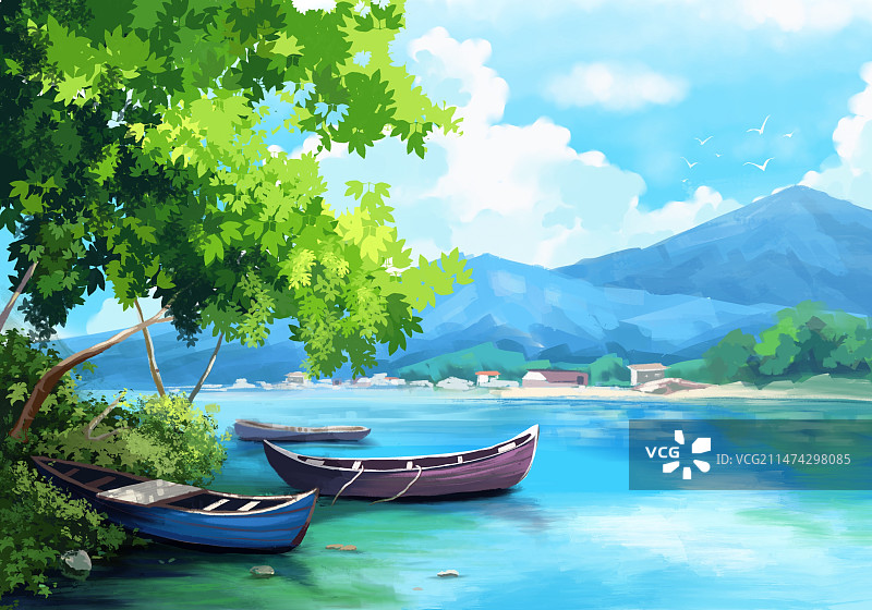 清新治愈海船风景壁纸杂志小说封面内页游戏插画图片素材