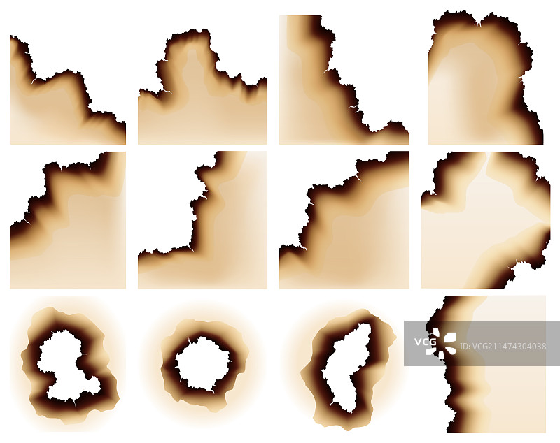 烧毁的纸张孔洞页面边缘和角落3D图片素材