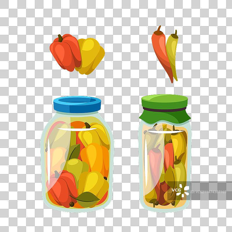 展示各种罐头的鲜艳玻璃罐图片素材
