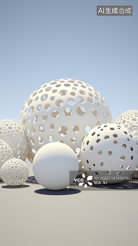 【AI数字艺术】数码白色镂空球体雕塑抽象图形海报背景图片素材