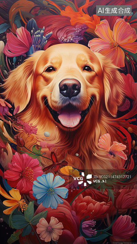 【AI数字艺术】花丛中的狗图片素材