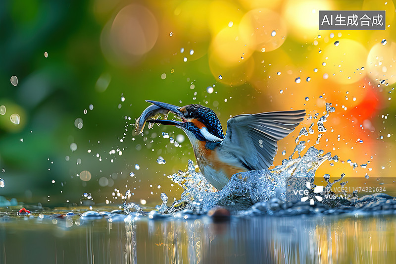 【AI数字艺术】观鸟翠鸟捕鱼出水瞬间特写图片素材