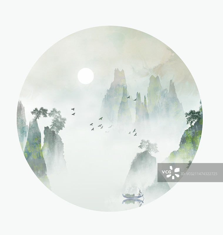 新中式圆形山水画图片素材