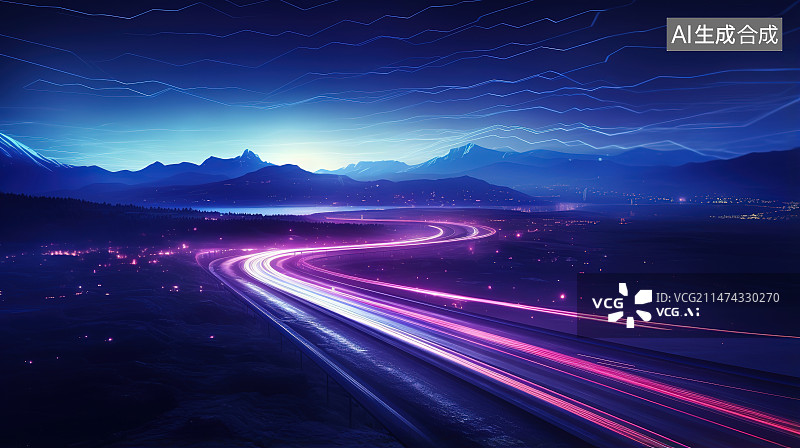 【AI数字艺术】城市道路灯光小径的高角度观察图片素材