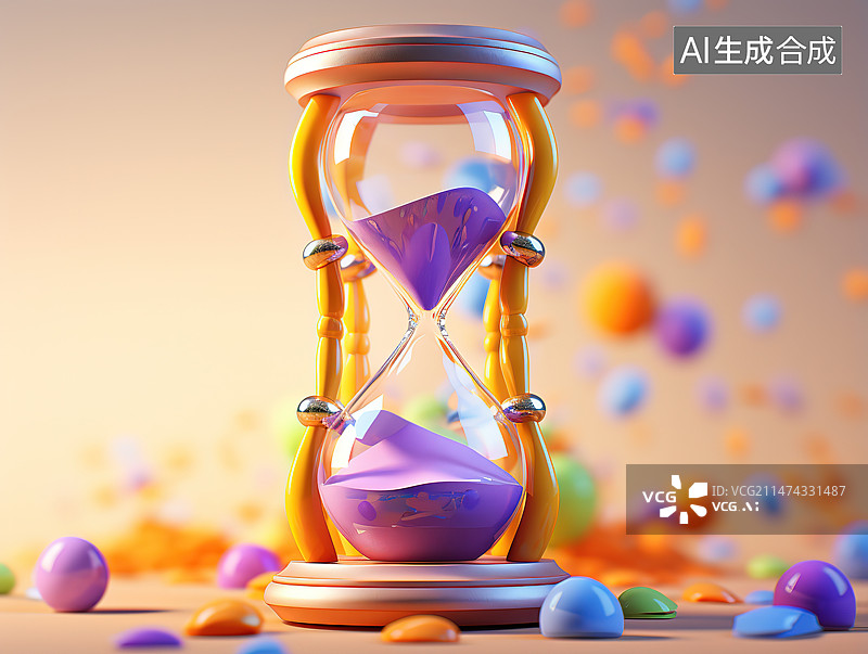 【AI数字艺术】彩色背景下的沙漏和闹钟特写镜头图片素材