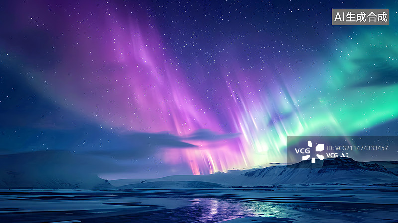 【AI数字艺术】AIGC:天空中的 极光 星空 雪山 背景插图图片素材