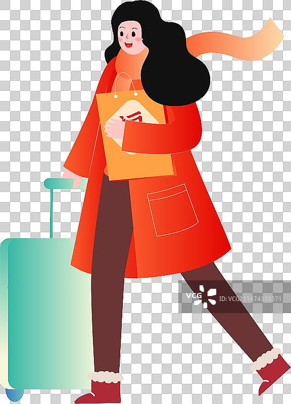 扁平女孩拉行李箱回家春节旅行过年插画免扣元素图片素材