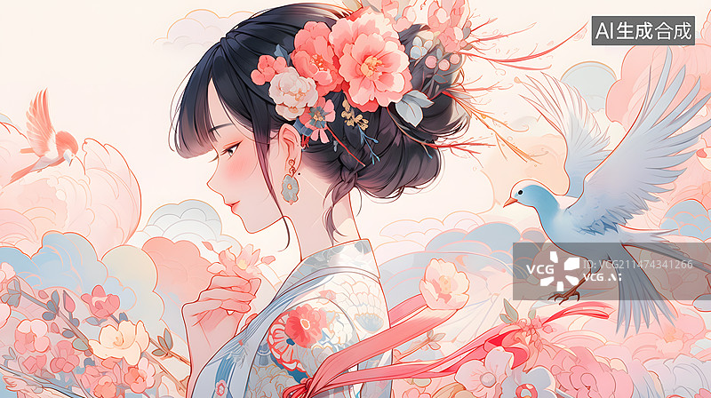 【AI数字艺术】花魁美女插画图片素材