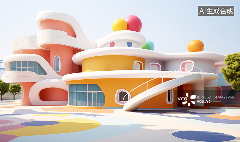 【AI数字艺术】可爱的幼儿园房子建筑3D插画图片素材