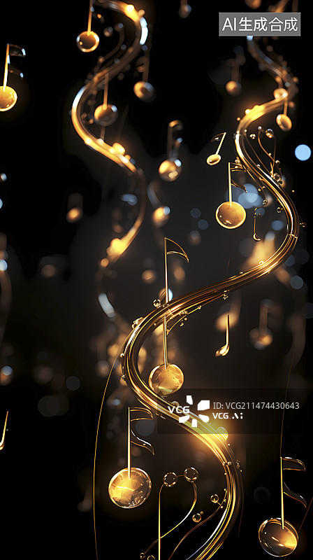 【AI数字艺术】数码金色音符发光曲线抽象图形海报背景图片素材