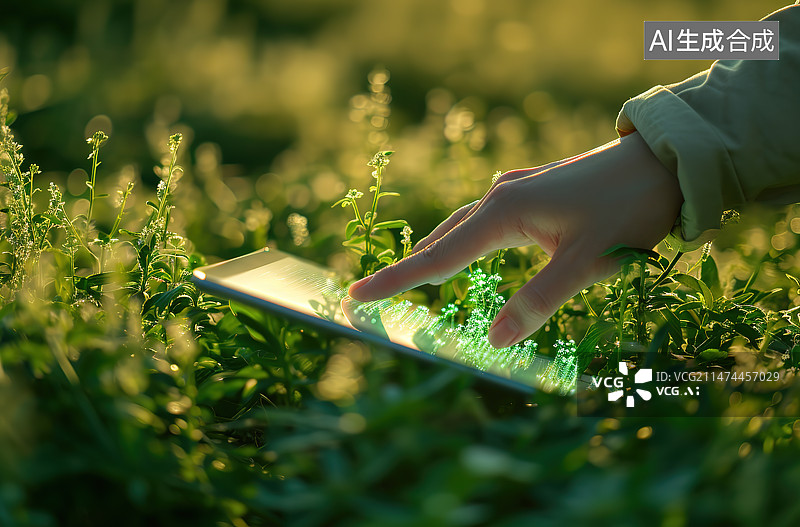 【AI数字艺术】修剪过的手拿着植物在野外的植物上图片素材