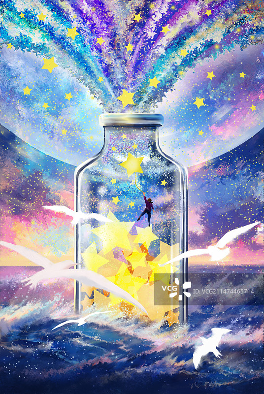 星际大海中飞出许愿瓶的星星和少女插画壁纸图片素材