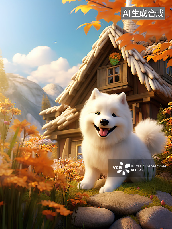 【AI数字艺术】秋景中的萨摩耶图片素材