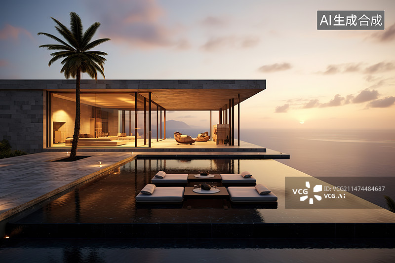 【AI数字艺术】夕阳下的游泳池图片素材