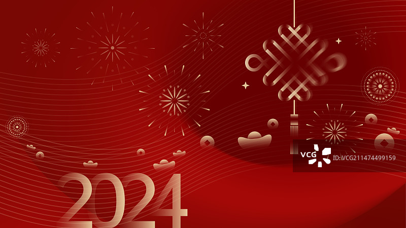 2024新年春节红色金色红金弥撒风渐变风年俗插画之横版，中国结，如意结，元宝，财富图片素材