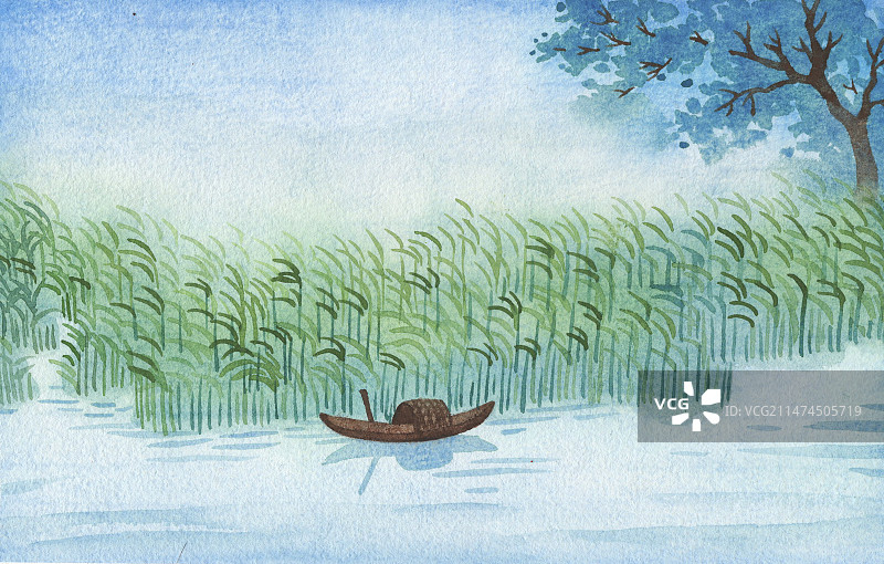 湖边芦苇小舟图片素材