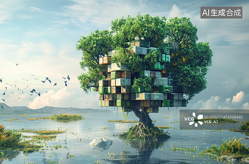 【AI数字艺术】湖边的树顶着天空图片素材