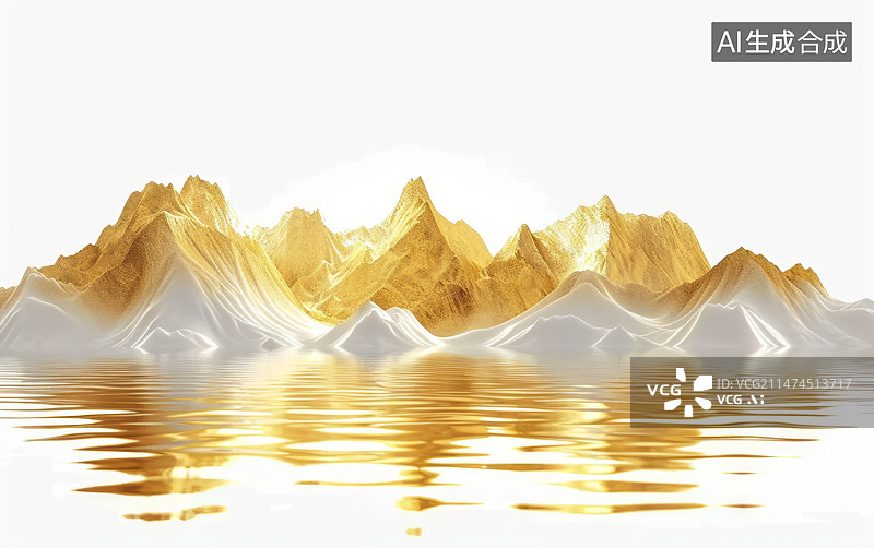 【AI数字艺术】金色与白色地形山脉水面倒影三维图形插画背景图片素材