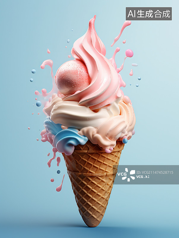 【AI数字艺术】蓝色背景下冰淇淋筒的特写镜头图片素材