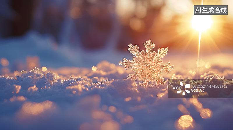 【AI数字艺术】雪地里立体雪花形状冰晶透明阳光照耀特写图片素材