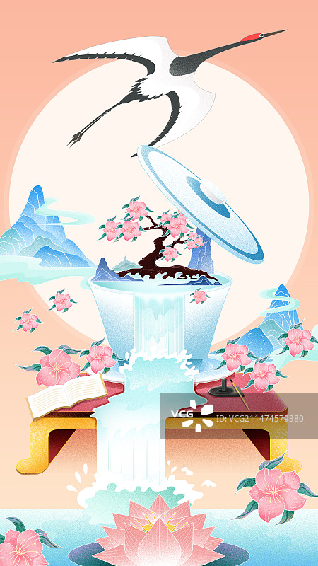 手绘国风插画山水意境茶仙鹤桃花图片素材