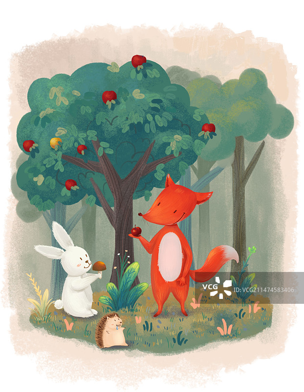 森林狐狸兔子刺猬儿童插画图片素材