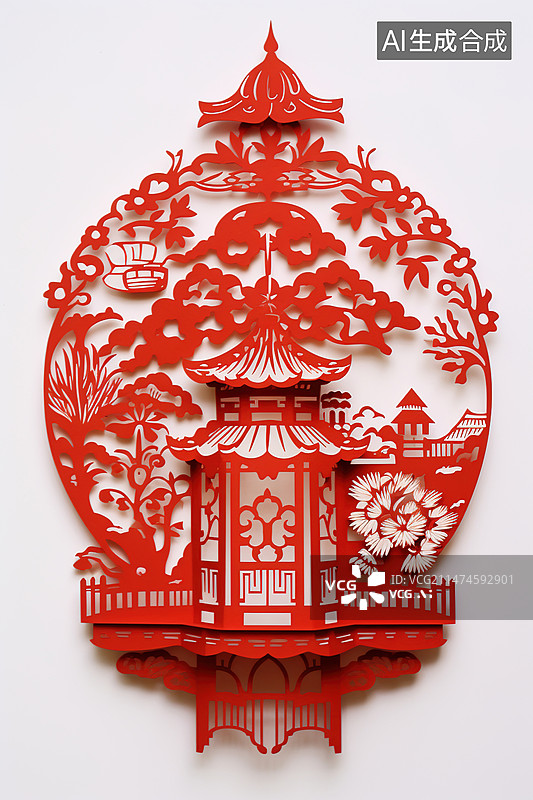 【AI数字艺术】红色中式剪纸灯笼图片素材