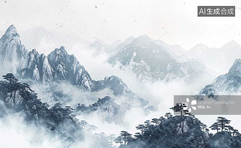 【AI数字艺术】江南山水自然风光，中国风水墨自然风光概念插图图片素材