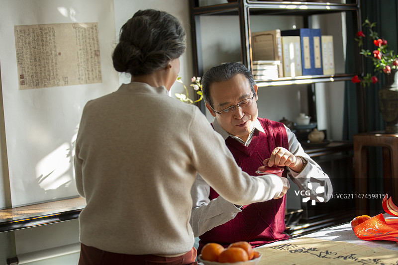 东方家庭过年：老年夫妇在书房喝茶、聊天图片素材