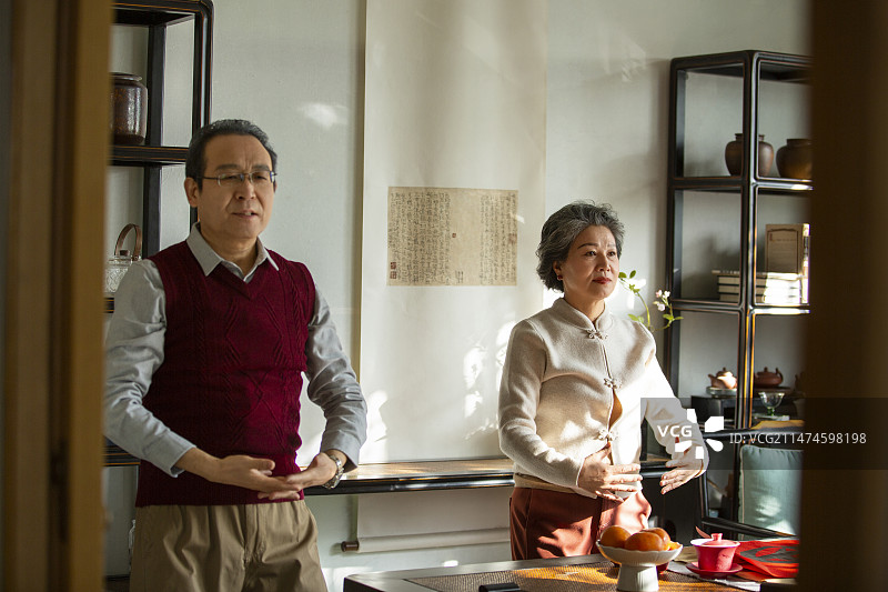 老年夫妇在书房做八段锦养生操运动图片素材