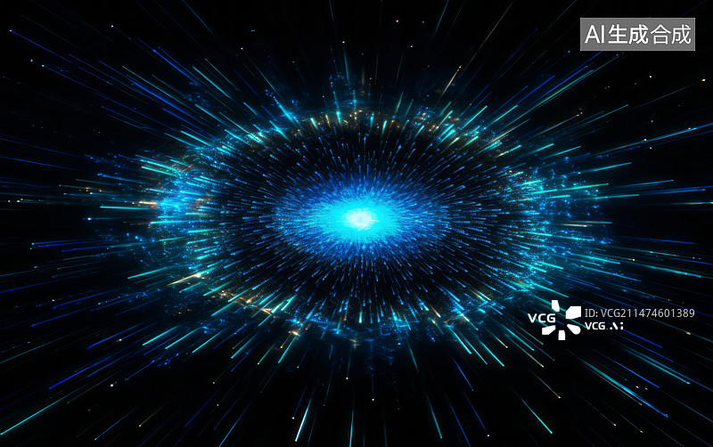 【AI数字艺术】蓝色发光圆环放射状粒子光线科技背景图片素材