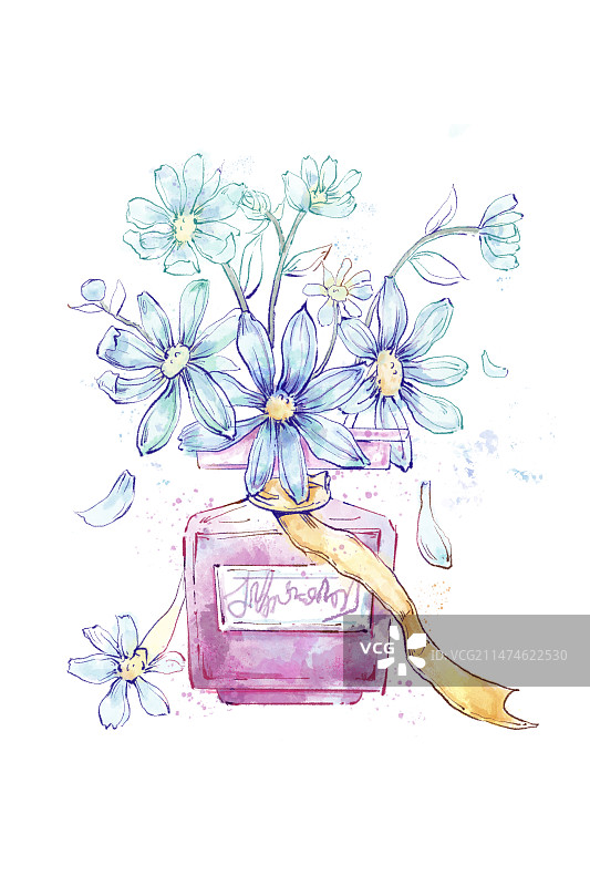 水彩香水瓶蓝色花图片素材