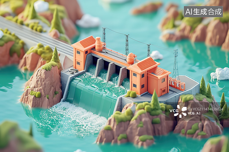 【AI数字艺术】水坝绿色金融概念3D卡通可爱风格图片素材