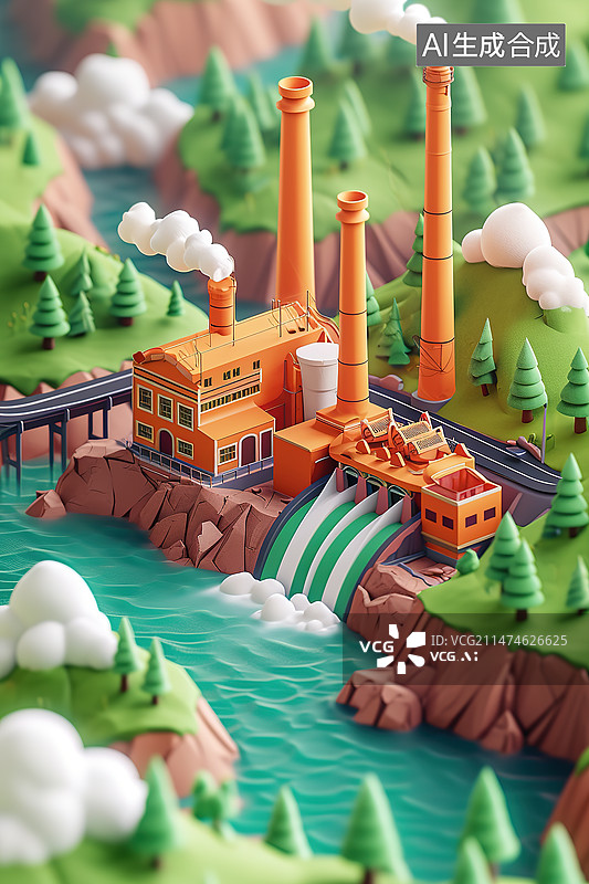 【AI数字艺术】水坝绿色金融概念3D卡通可爱风格图片素材