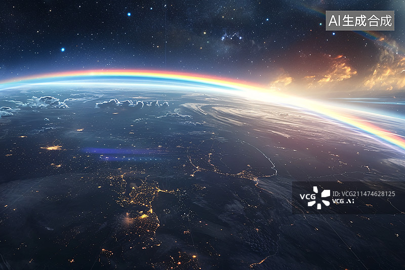 【AI数字艺术】天亮的日出和彩虹耀斑在地球上的插图图片素材